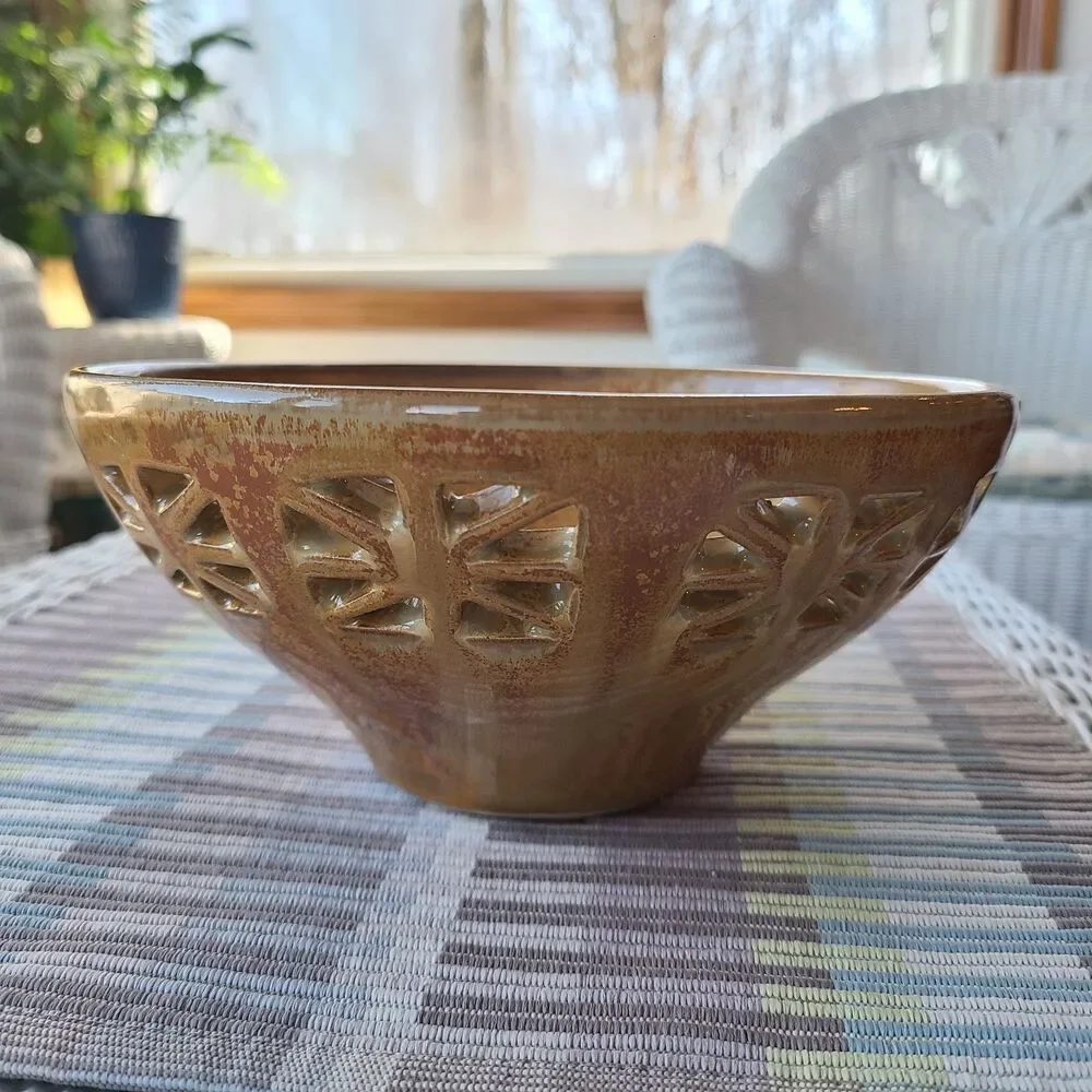 Vintage Clay Pottery Reticulated Bowl Earth-Tone Colors Handmade Artisan Pottery